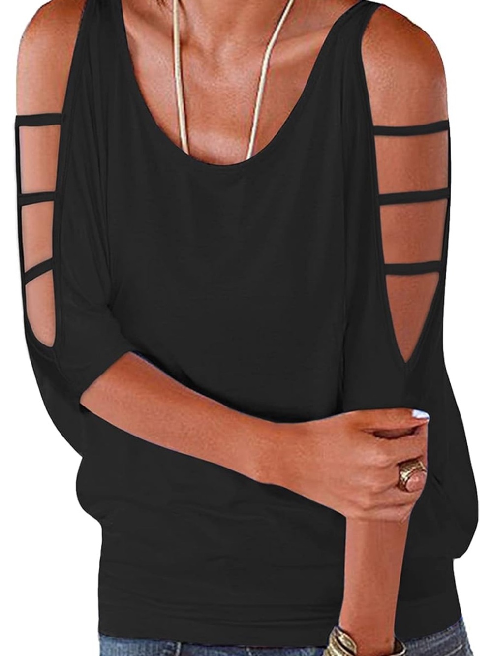 Cold-Shoulder Black 3/4 Sleeve Blouse Top Sexy Coquette Girl Festival